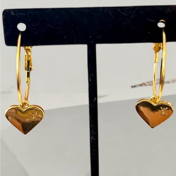 Upcycled Gold LV Louis Vuitton Stamped Charm Hoop Earrings - Picture 1 of 13